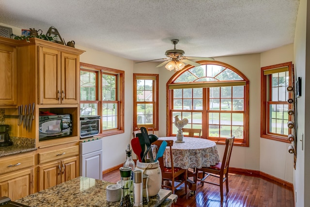 W1162 Aspen Dr, Spring Valley, WI 54767 - dining room with a ceiling fan, dark wood-type flooring, and a textured ceiling
