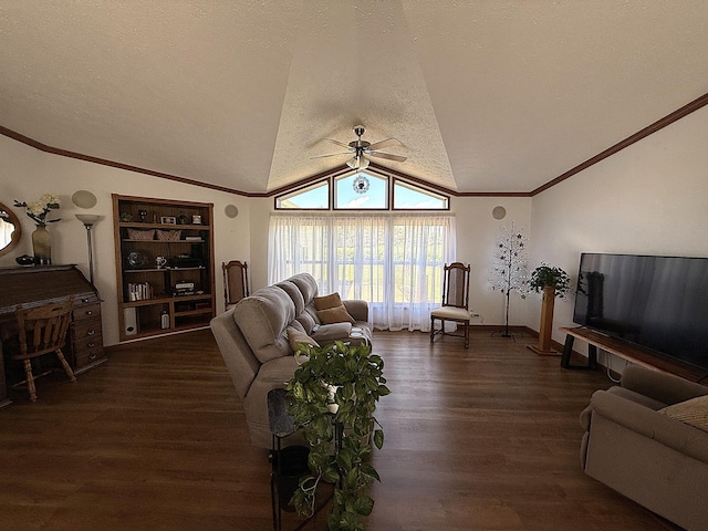 151 Skyline Dr, Granite Falls, MN 56241 - living area with vaulted ceiling, wood finished floors, ceiling fan, ornamental molding, and a textured ceiling