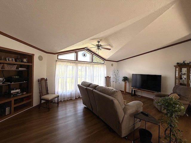 151 Skyline Dr, Granite Falls, MN 56241 - living room featuring vaulted ceiling, a textured ceiling, dark wood-style floors, a ceiling fan, and ornamental molding