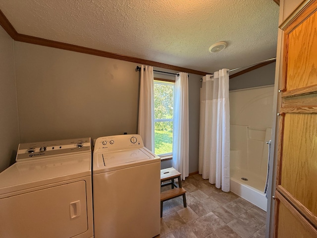151 Skyline Dr, Granite Falls, MN 56241 - washroom with separate washer and dryer, ornamental molding, and a textured ceiling