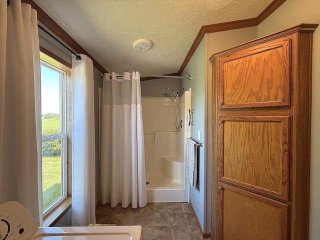 151 Skyline Dr, Granite Falls, MN 56241 - full bath with ornamental molding, a textured ceiling, a shower with curtain, and plenty of natural light