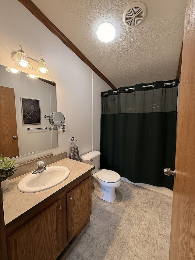 151 Skyline Dr, Granite Falls, MN 56241 - bathroom featuring a textured ceiling, vanity, ornamental molding, curtained shower, and lofted ceiling