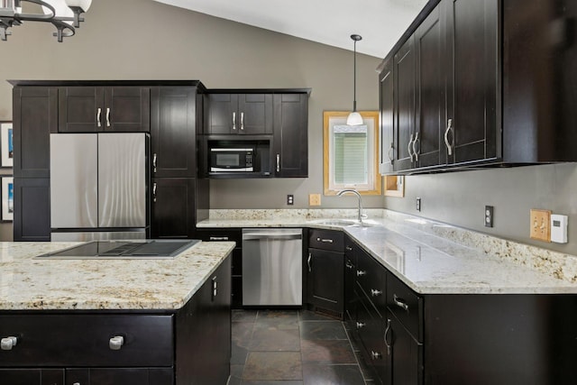 4478 150th St, Savage, MN 55378 - kitchen with stainless steel appliances, hanging light fixtures, vaulted ceiling, light stone counters, and a chandelier