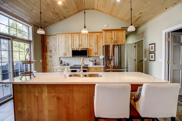16735 Downey Dr, Park Rapids, MN 56470 - kitchen with appliances with stainless steel finishes, light countertops, decorative backsplash, a kitchen island with sink, and wood ceiling