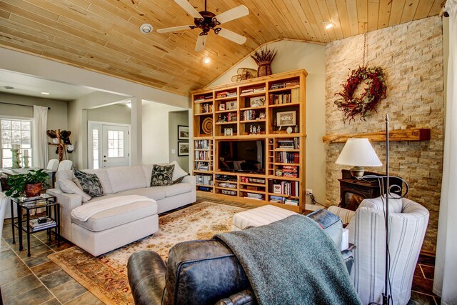 16735 Downey Dr, Park Rapids, MN 56470 - living area with wood ceiling, vaulted ceiling, ceiling fan, recessed lighting, and dark stone finish floors