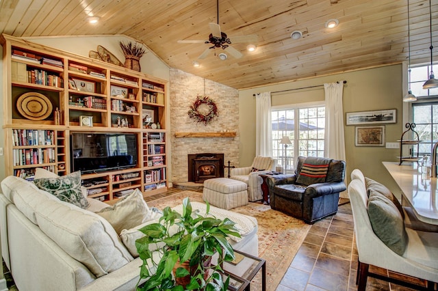 16735 Downey Dr, Park Rapids, MN 56470 - living area with wooden ceiling, lofted ceiling, a ceiling fan, and recessed lighting