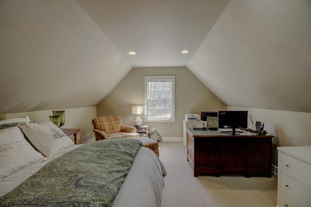 16735 Downey Dr, Park Rapids, MN 56470 - bedroom featuring light colored carpet, lofted ceiling, an office area, and recessed lighting