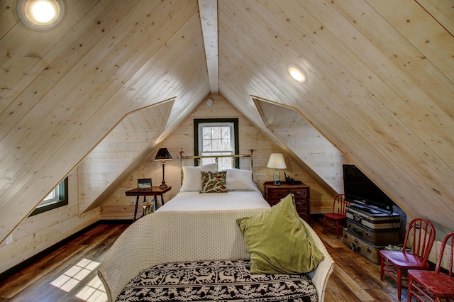 16735 Downey Dr, Park Rapids, MN 56470 - bedroom with wood-type flooring, wooden walls, lofted ceiling, and wooden ceiling