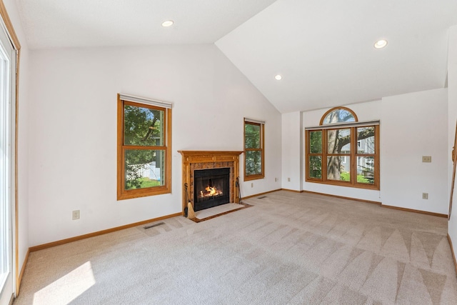 5071 Arrowood Ln N, Plymouth, MN 55442 - unfurnished living room with carpet flooring, high vaulted ceiling, a fireplace with flush hearth, and recessed lighting