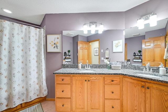7111 Trenton Ln N, Maple Grove, MN 55369 - full bathroom with tile patterned flooring, double vanity, and a shower with curtain
