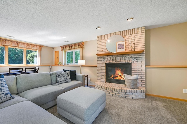 7111 Trenton Ln N, Maple Grove, MN 55369 - carpeted living area with a brick fireplace, a textured ceiling, and recessed lighting