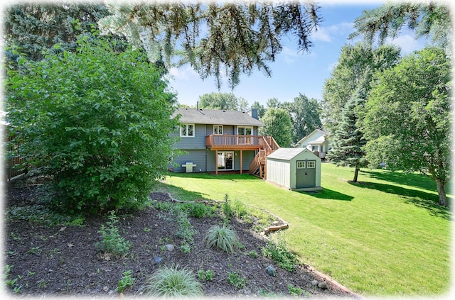 7111 Trenton Ln N, Maple Grove, MN 55369 - view of grassy yard featuring a storage shed, a wooden deck, and stairway