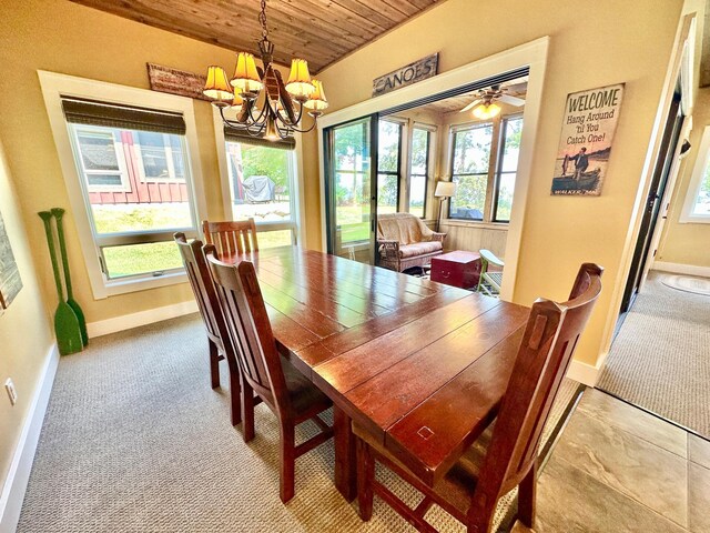 6940 Beach View Ln NW Unit 220-1, Walker, MN 56484 - dining room featuring wood ceiling, a chandelier, healthy amount of natural light, and carpet flooring