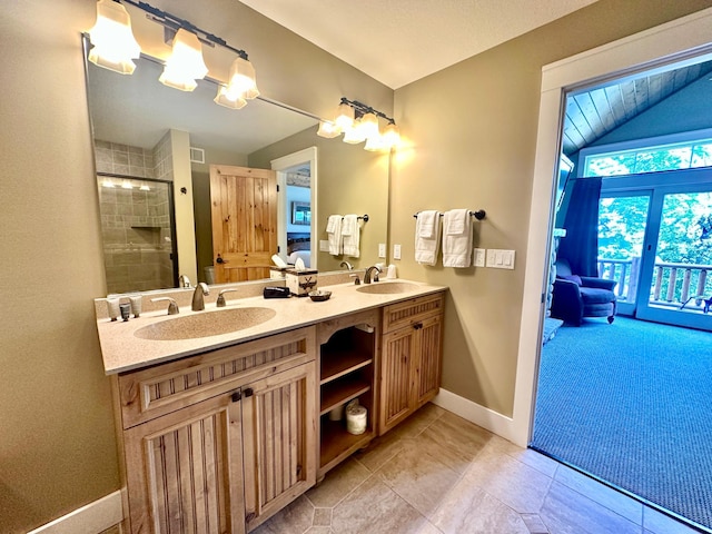 6940 Beach View Ln NW Unit 220-1, Walker, MN 56484 - full bath with double vanity, a shower stall, and tile patterned flooring