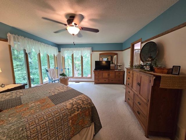 21200 5th St NW, Colfax Twp, MN 56273 - bedroom with light colored carpet, a textured ceiling, and ceiling fan