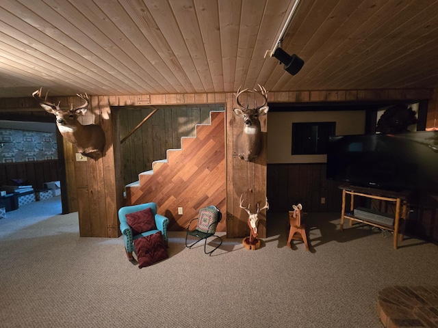 21200 5th St NW, Colfax Twp, MN 56273 - living area featuring wood walls, carpet flooring, wood ceiling, and stairway