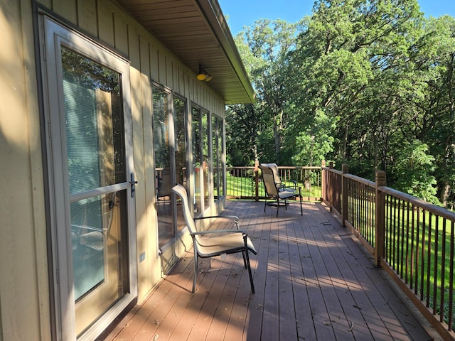 21200 5th St NW, Colfax Twp, MN 56273 - wooden terrace with view of wooded area