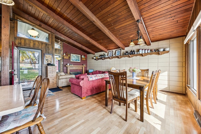 13235 80th St NW, Annandale, MN 55302 - dining room with light wood-style flooring, wood ceiling, a fireplace, and wooden walls