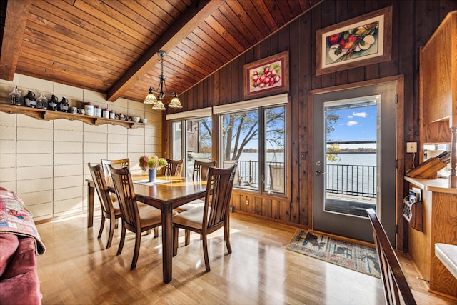 13235 80th St NW, Annandale, MN 55302 - dining room with wood walls, wooden ceiling, light wood-style floors, and a chandelier