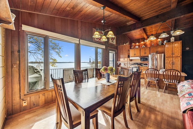 13235 80th St NW, Annandale, MN 55302 - dining room featuring wood ceiling, wooden walls, light wood-style flooring, and a water view