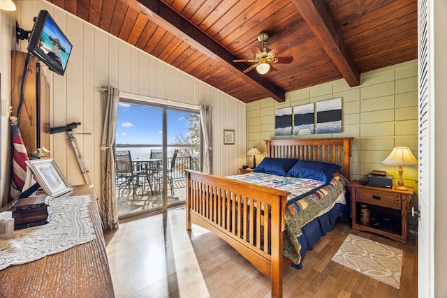 13235 80th St NW, Annandale, MN 55302 - bedroom featuring wood finished floors, access to outside, wooden ceiling, a water view, and a ceiling fan