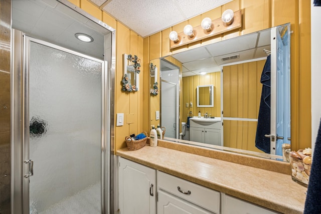 13235 80th St NW, Annandale, MN 55302 - bathroom featuring a drop ceiling, a stall shower, and vanity