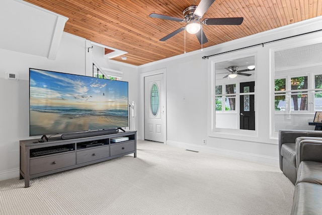 2168 Centerview Ln, Mound, MN 55364 - living room featuring wooden ceiling, ceiling fan, and carpet flooring