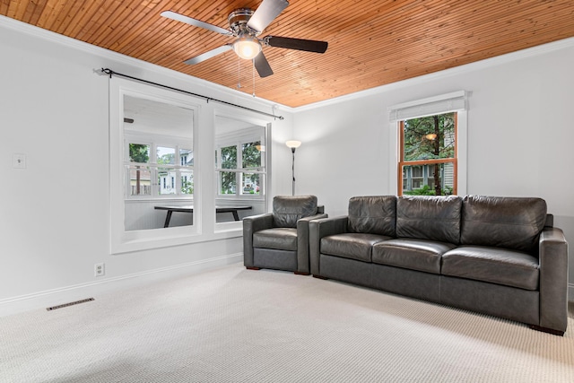 2168 Centerview Ln, Mound, MN 55364 - carpeted living area featuring crown molding, wood ceiling, a ceiling fan, and healthy amount of natural light
