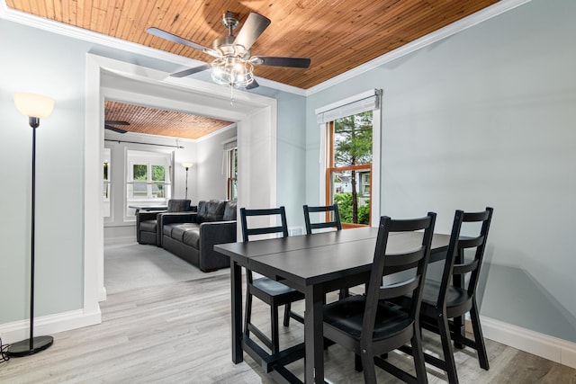2168 Centerview Ln, Mound, MN 55364 - dining area featuring ornamental molding, wooden ceiling, a ceiling fan, and light wood finished floors