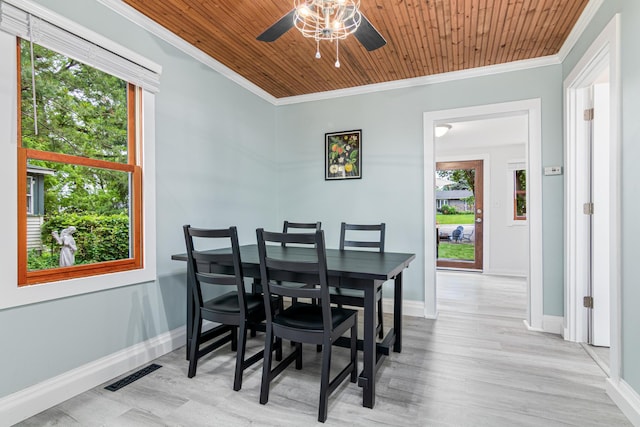 2168 Centerview Ln, Mound, MN 55364 - dining space featuring a ceiling fan, crown molding, wood finished floors, and wooden ceiling
