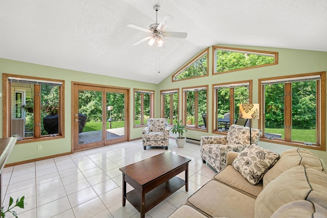 10316 Zinran Ave S, Bloomington, MN 55438 - living area featuring vaulted ceiling, a baseboard heating unit, ceiling fan, light tile patterned flooring, and a textured ceiling
