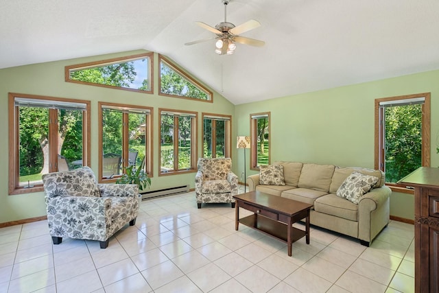 10316 Zinran Ave S, Bloomington, MN 55438 - living room featuring baseboard heating, healthy amount of natural light, vaulted ceiling, ceiling fan, and light tile patterned floors