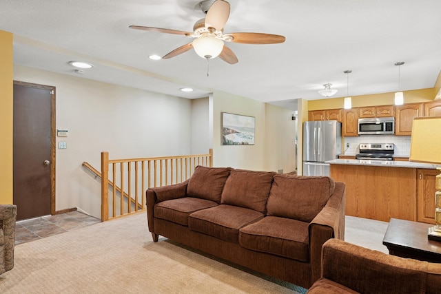 10316 Zinran Ave S, Bloomington, MN 55438 - living area featuring light carpet, ceiling fan, and recessed lighting