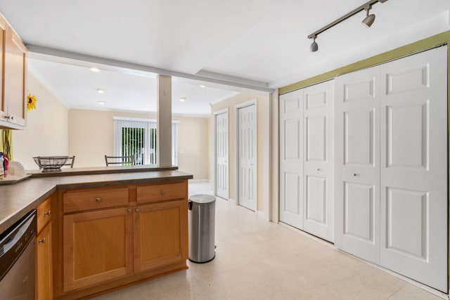 905 Bellows St, West Saint Paul, MN 55118 - kitchen with stainless steel dishwasher, dark countertops, a peninsula, brown cabinets, and ornamental molding