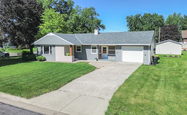 460 3rd St, Bird Island, MN 55310 - ranch-style house with an attached garage, a chimney, a front yard, and driveway