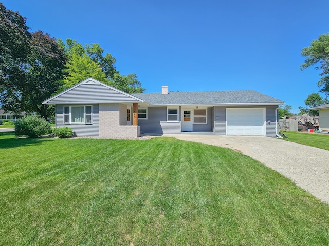 460 3rd St, Bird Island, MN 55310 - single story home with concrete driveway, a front lawn, a garage, and a chimney