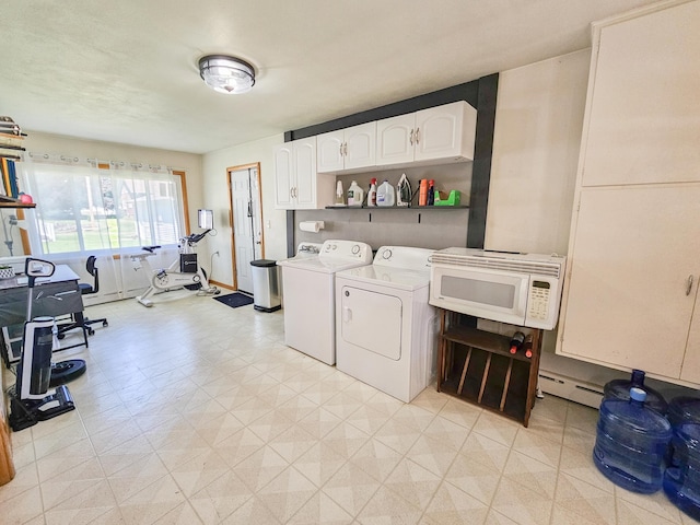 460 3rd St, Bird Island, MN 55310 - laundry room featuring separate washer and dryer, light floors, a baseboard radiator, and cabinet space
