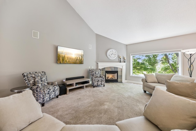 13703 47th St NE, Saint Michael, MN 55376 - carpeted living room featuring a fireplace and high vaulted ceiling