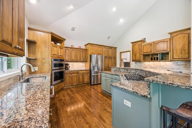 13703 47th St NE, Saint Michael, MN 55376 - kitchen featuring stainless steel appliances, open shelves, light stone countertops, a kitchen bar, and recessed lighting