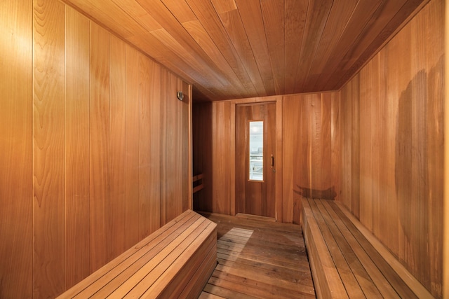 13703 47th St NE, Saint Michael, MN 55376 - relaxing sauna featuring wooden walls, wooden ceiling, and hardwood / wood-style flooring