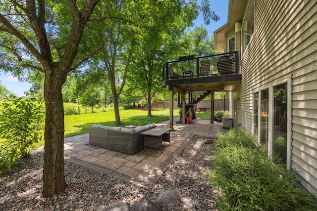 13703 47th St NE, Saint Michael, MN 55376 - view of patio featuring stairway, a wooden deck, and an outdoor living space