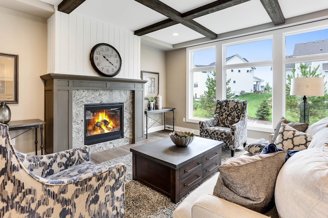 3163 Christopher Ln, Shoreview, MN 55126 - living room with wood finished floors, a high end fireplace, beamed ceiling, and coffered ceiling