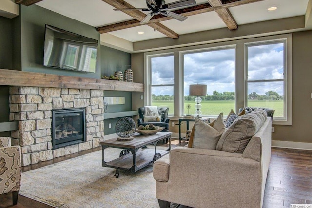 3163 Christopher Ln, Shoreview, MN 55126 - living area featuring coffered ceiling, plenty of natural light, hardwood / wood-style flooring, beam ceiling, and ceiling fan