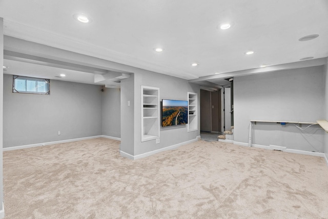 1502 Maywood St, Saint Paul, MN 55117 - basement with carpet floors, recessed lighting, built in shelves, and stairway