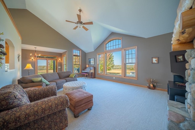 35337 County 24th Blvd, Warsaw Twp, MN 55009 - living room featuring carpet flooring, a ceiling fan, high vaulted ceiling, and a chandelier
