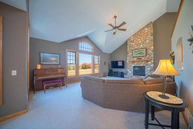 35337 County 24th Blvd, Warsaw Twp, MN 55009 - carpeted living room featuring lofted ceiling, a ceiling fan, and a stone fireplace