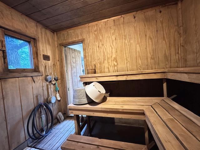 317 2nd St NE, Menahga, MN 56464 - relaxing sauna / steam room featuring wooden walls, wooden ceiling, and hardwood / wood-style floors