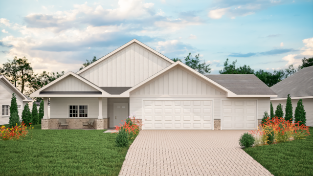 TBD Gladiola St NW, Andover, MN 55304 - view of front facade with board and batten siding, decorative driveway, a garage, a front lawn, and stone siding