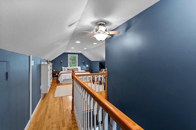 5712 Grand Ave S, Minneapolis, MN 55419 - hall with an upstairs landing, light wood-style flooring, lofted ceiling, and recessed lighting