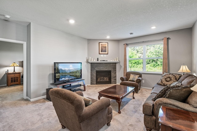 4870 Copper Ridge Dr, Woodbury, MN 55129 - living area featuring light carpet, a textured ceiling, a stone fireplace, and recessed lighting